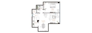 A floor plan of a house with a living space, dining room, kitchen, and bathroom.
