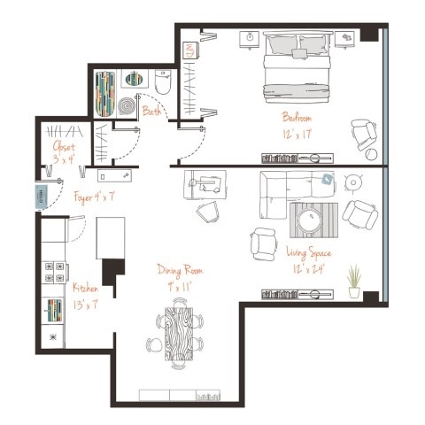 A floor plan of a house with a living space, dining room, kitchen, and bathroom.