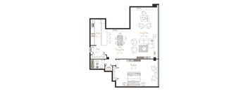 A floor plan of a house with a kitchen, living room, dining area, and bathroom.