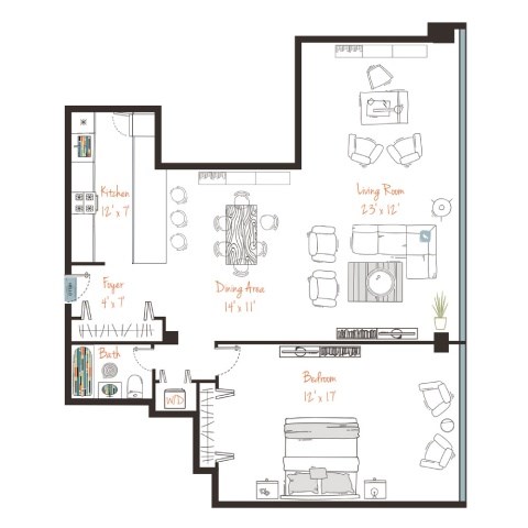 A floor plan of a house with a kitchen, living room, dining area, and bathroom.
