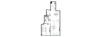 A floor plan of a house with a living area, kitchen, dining room, and bathroom.