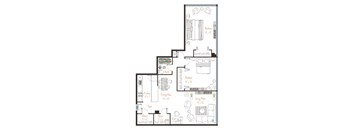 A floor plan of a house with a living room, dining area, kitchen, and two bathrooms.