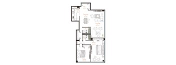 A floor plan of a house with a living room, dining area, kitchen, and two bathrooms.