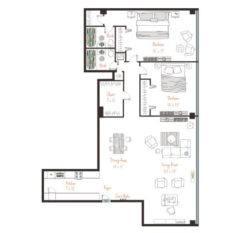 A floor plan of a house with labeled rooms and furniture.