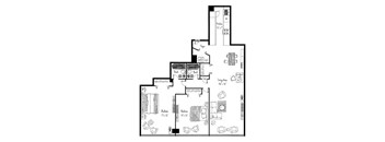 A floor plan of a house with a living area, kitchen, and two bathrooms.
