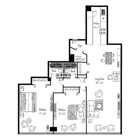 A floor plan of a house with a living area, kitchen, and two bathrooms.
