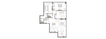 A floor plan of a house with labeled rooms and furniture.