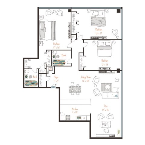 A floor plan of a house with labeled rooms and furniture.