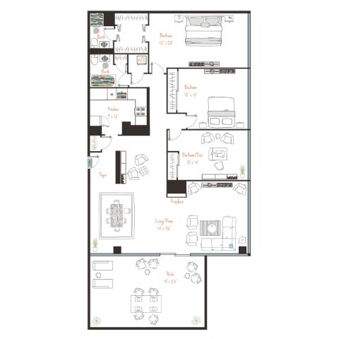 A floor plan of a house with labeled rooms and furniture.