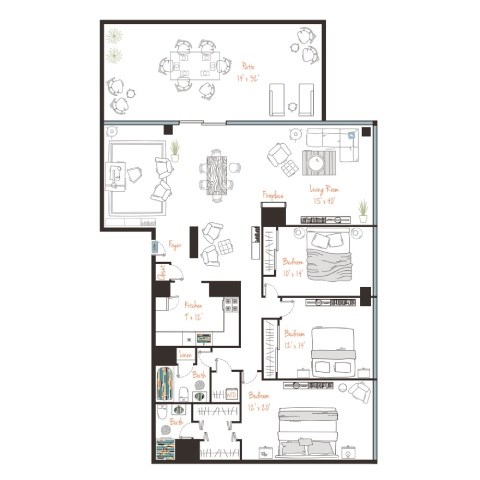 A floor plan of a house with labeled rooms and furniture.