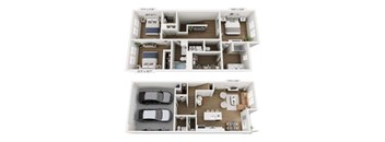 A floor plan of a two-story apartment with dimensions and room layout.