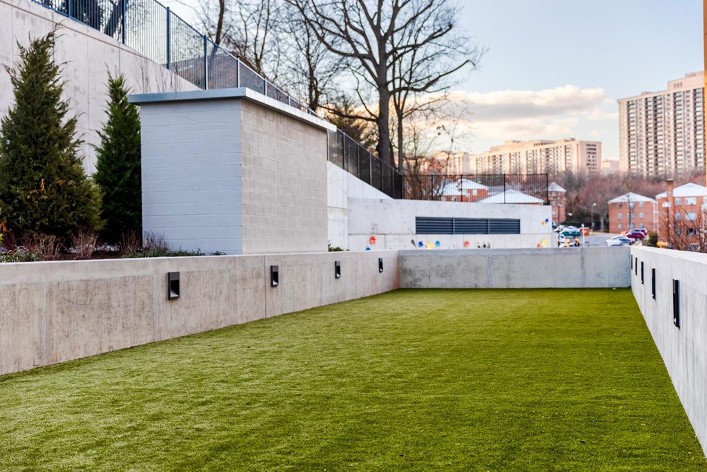 A large grassy area in the foreground with a wall and a building in the background.