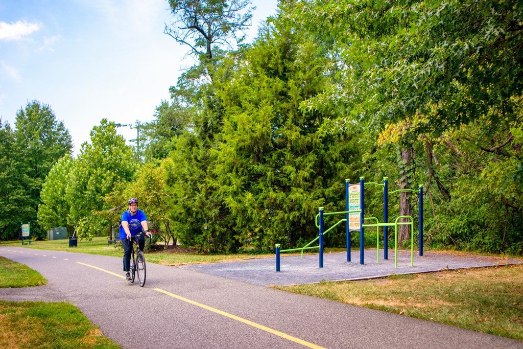 A person riding a bicycle on a paved path in a park.