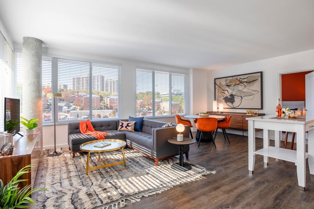 A living room with a grey couch, a coffee table, and a dining table.
