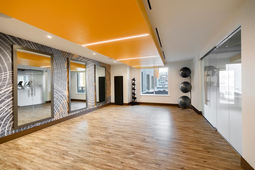 A spacious room with wooden floors and a large mirror on the wall.