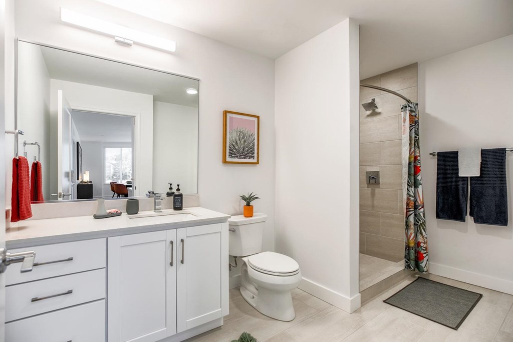 A white bathroom with a toilet, sink, and a mirror.
