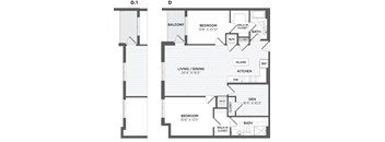 A floor plan of a two bedroom apartment with a living room and a den.