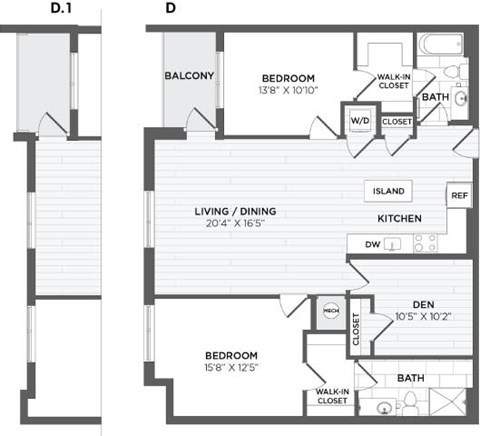 A floor plan of a two bedroom apartment with a living room and a den.