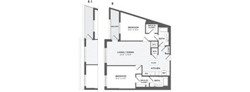 A floor plan shows a living area, two bedrooms, a balcony, and a kitchen.