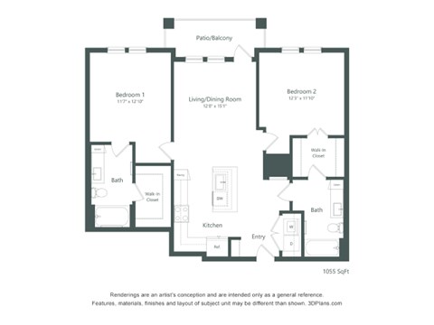 B1 Floor Plan at Corban Freedom Apartments, Orlando, 32837, featuring two bedrooms and labeled dimensions.