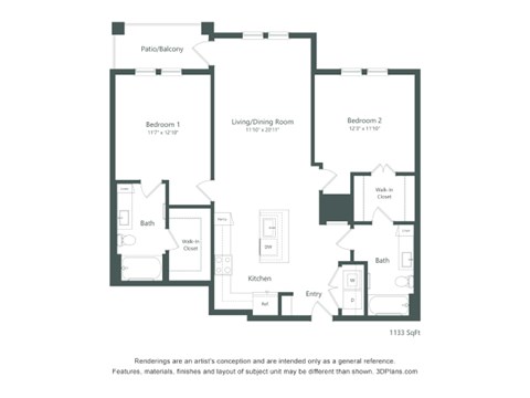 B1 Floor Plan at Corban Freedom Apartments, Orlando, 32837, featuring two bedrooms and labeled dimensions.