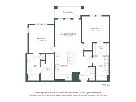 B2 Floor Plan at Corban Freedom Apartments, Florida, 32837, featuring two bedrooms and labeled dimensions.