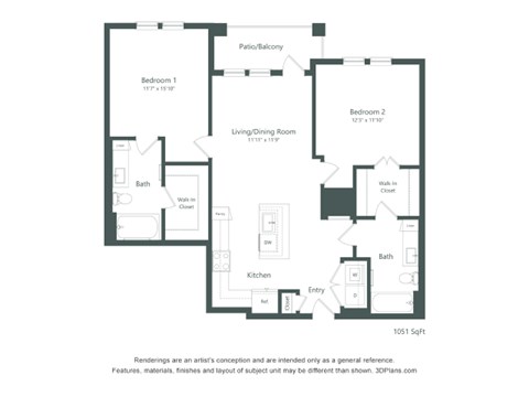 B4 Floor Plan at Corban Freedom Apartments, Orlando, FL 32837, featuring two bedrooms and labeled dimensions.