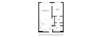 A floor plan of a small apartment with a living/dining room, kitchen, bathroom, and bedroom.