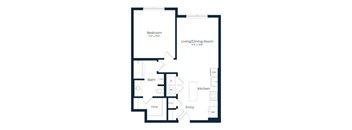 A floor plan of a small apartment with a bedroom, living/dining room, kitchen, bathroom, and closet.