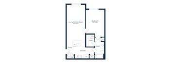 A floor plan of a small apartment with a living/dining room, kitchen, bathroom, and bedroom.