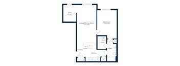 A floor plan of a small apartment with a den, living/dining room, kitchen, bathroom, and bedroom.