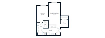 A floor plan of a home with a bedroom, living/dining room, kitchen, bath, and den.