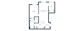 A floor plan of a home with a den, living/dining room, kitchen, bath, and bedroom.