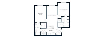 A floor plan of a house with a living room, two bedrooms, a kitchen, and a bathroom.
