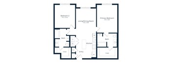 A floor plan of a house with two bedrooms, a living/dining room, a kitchen, two bathrooms, and a closet.