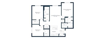 A floor plan of a home with three bedrooms, a living/dining room, a kitchen, and an entry.