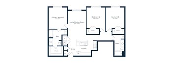 A floor plan of a house with a living room, three bedrooms, a kitchen, a bathroom, and an entry.