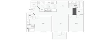 A floor plan of a house with a lounge, dining area, kitchen, and bedrooms.