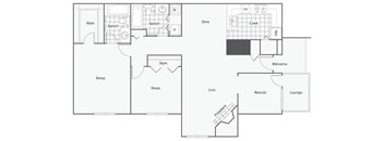 A floor plan of a house with labeled rooms such as "Dine" and "Sleep".