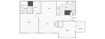 A floor plan of a house with a sleeping area, a dining area, a kitchen, a living room, a lounge, a retreat, a fireplace, and a welcome area.
