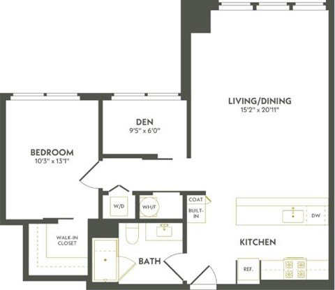 A floor plan of a home with a living/dining area, kitchen, and two bedrooms.