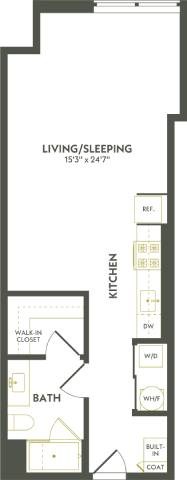 A floor plan of a small apartment with a living/sleeping area, kitchen, bathroom, and closet.