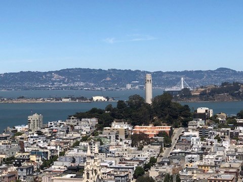 A cityscape with a prominent tower in the distance.