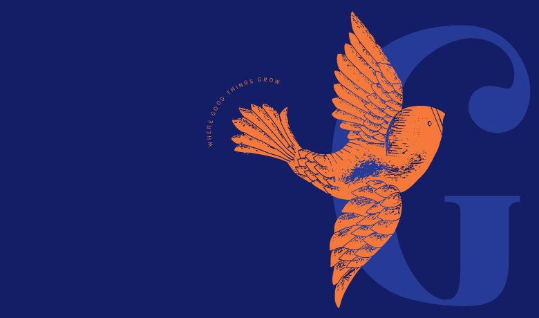 A stylized orange bird is perched on the letter G.