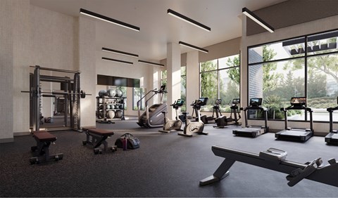 A gym with a variety of equipment including treadmills, weights, and exercise machines.