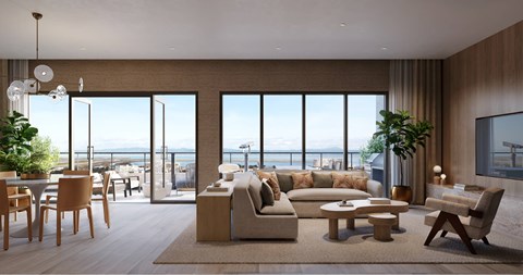 A modern living room with a view of the city.
