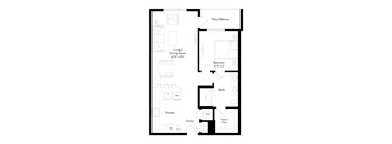 A floor plan of a home with a living room, dining room, kitchen, bath, and bedroom.