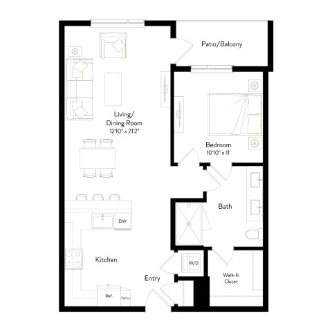 A floor plan of a home with a living room, dining room, kitchen, bath, and bedroom.