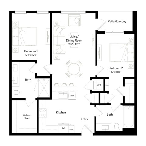 A black and white floor plan of a two bedroom apartment.