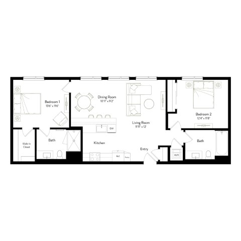 A black and white floor plan of a two bedroom apartment.